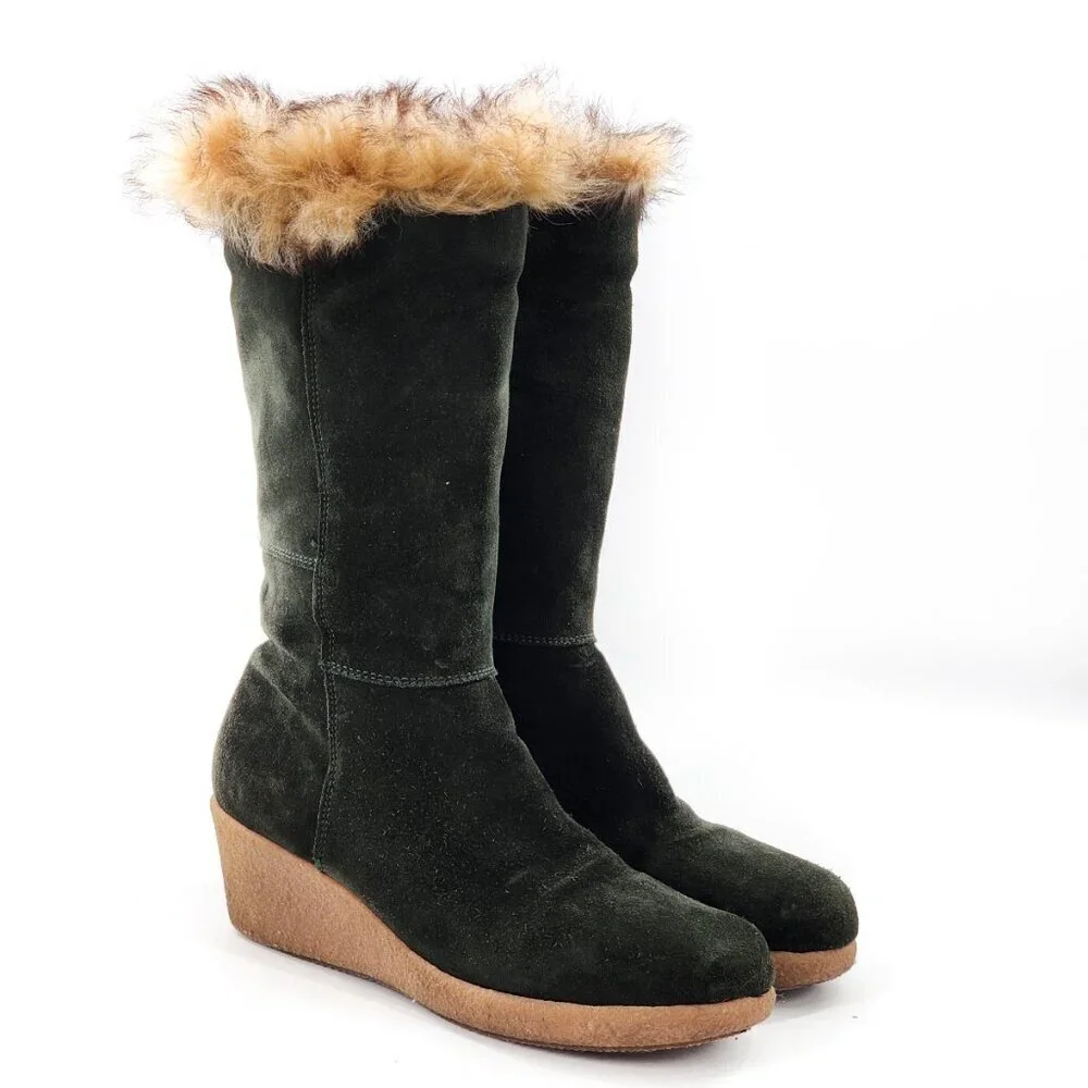 MAXIME‎ Vintage Dark Green Suede Wedge Winter Mid-Calf Boots Fur Trim